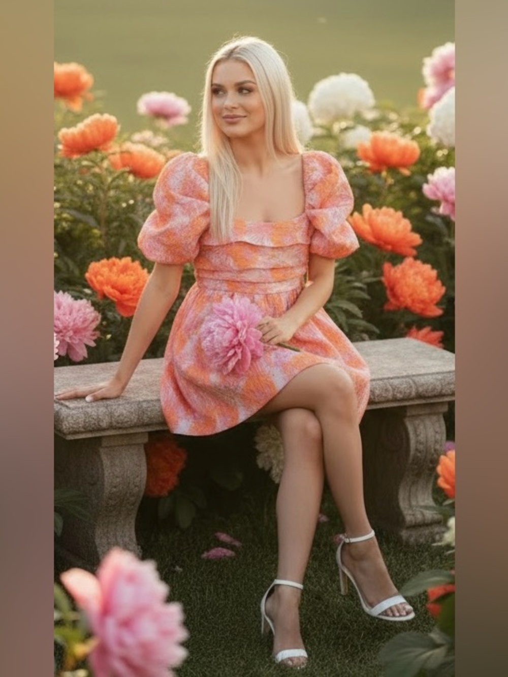 Fashion Nova Womens Orange Pink Floral Jacquard Puff Sleeve Mini Dress Large - Picture 4 of 8